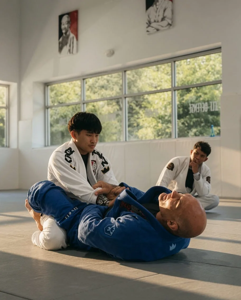 Two adults rolling on the mat at G13 Cary, with the bright windows behind them
